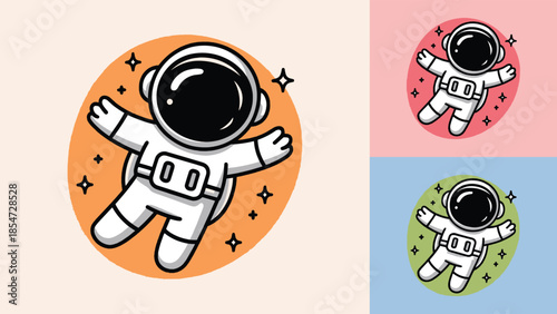 Cute cartoon astronaut floating happily in space with multiple color variations perfect for stickers and icons