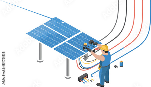 Solar panel installation illustration, renewable energy system with technician wiring photovoltaic panels, clean electricity concept, isometric flat design