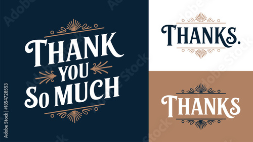 Collection of vintage styled thank you and thanks lettering designs with elegant decorative flourishes for appreciation messages