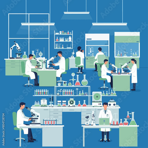 Scientists working in a modern research laboratory with various equipment and experiments.