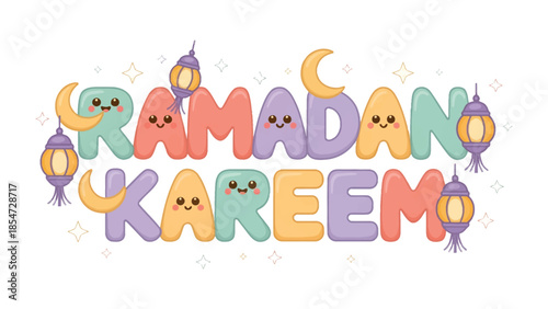 Ramadan Kareem: A festive and colorful greeting for Ramadan, featuring charming illustrations of crescent moons, lanterns, and stars.