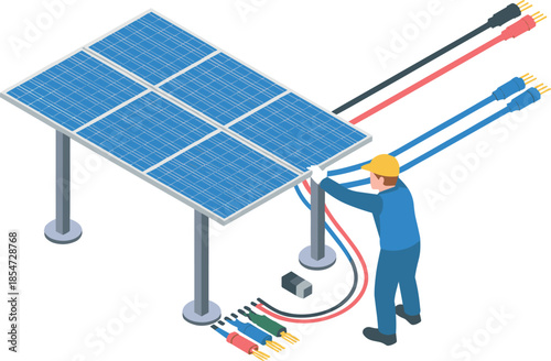 Solar panel installation illustration, renewable energy system with technician wiring photovoltaic panels, clean electricity concept, isometric flat design