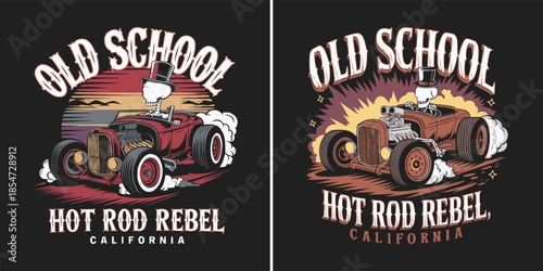 Cool skeleton driver in a vintage hot rod roadster graphic design with old school rebel california text