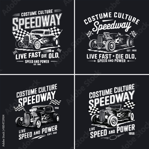 Collection of vintage hot rod speedway emblems featuring retro graphics and the motto live fast die old for t shirt design