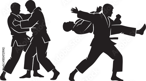 Vector illustration of a black silhouette art figure featuring a couple, man and woman dancer performing a tango music dance and karate fighter athlete in sports motion