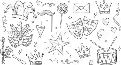 Carnival and theater sketch illustration set with masks crowns music and festive elements for party celebration and entertainment design