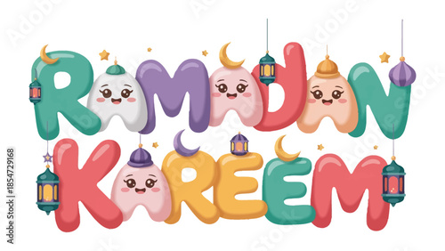 Ramadan Kareem: A vibrant and colorful illustration conveys the spirit of Ramadan Kareem with playful letterings, lanterns and moons.