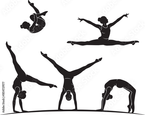 Vector illustration of a black ballet dancer silhouette and male figure jumping in a gymnastics pose for sports, fitness, and art