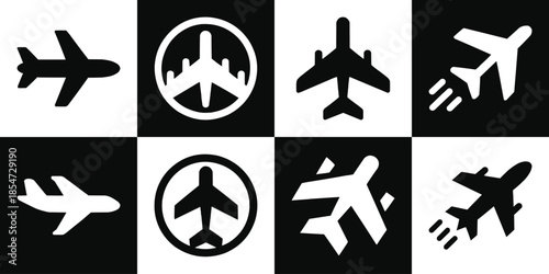 Collection of eight black and white airplane icons and symbols representing air travel transportation concepts for graphic design