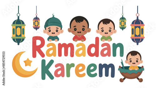 Ramadan Kareem: This image encapsulates the spirit of Ramadan Kareem with illustrated elements like the crescent moon, stars, traditional lanterns, and adorable baby figures.