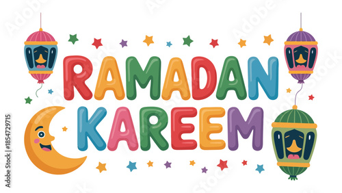 Ramadan Kareem: A vibrant and colorful illustration of the Ramadan Kareem message, featuring a crescent moon and stars, perfect for celebrating the holy month.