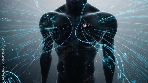 Futuristic human anatomy with glowing blue energy streams connecting to the body, representing health and technology