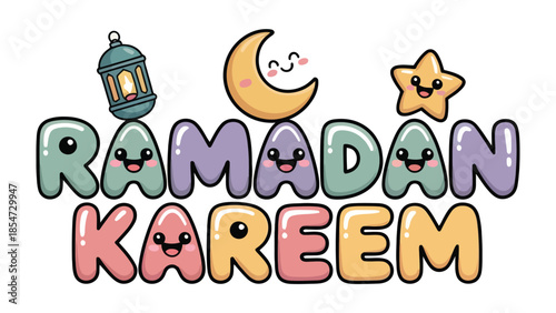Ramadan Kareem Cartoon: A vibrant, whimsical cartoon illustration celebrating the holy month, featuring playful lettering, a smiling crescent moon, a charming star, and a traditional lantern. 