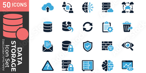 Cloud computing data security icons set featuring storage backup synchronization firewall analytics network protection modern flat vector design illustration collection