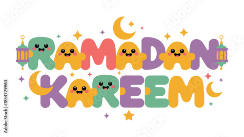 Ramadan Kareem: Festive typographic design of Ramadan Kareem, featuring bright colors, cheerful illustrations, stars, and moon, celebrating the holy month.