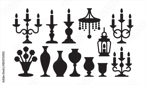 Collection of vintage candle holders, lantern and classic vases in elegant silhouette vector style