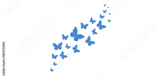 Blue butterflies flying in formation on white background