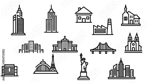 Collection of Building Icons Representing Various Structures.