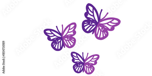 Purple butterflies flying in formation on white background