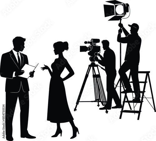 Film production crew silhouette filming interview with director camera tripod studio lighting cinematography media broadcasting teamwork concept documentary professional equipment