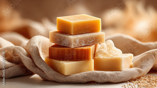 Artisan soap bars stacked on burlap with a warm, inviting glow. Handmade soap bars are displayed on a rustic burlap cloth, creating a natural and inviting aesthetic