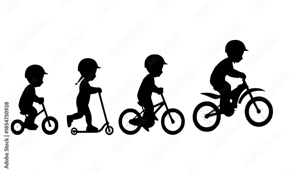 Obraz premium Evolution of child riding silhouette set, kids on tricycle scooter and bicycle icons, progress of childhood outdoor activities vector, little boy learning to ride bike illustration
