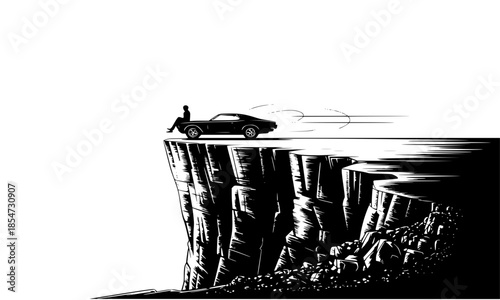 Silhouette of person sitting on muscle car on cliff edge, dramatic black and white landscape illustration, lonely road trip and freedom concept, vintage car at sunset viewpoint, minimalist cinematic 