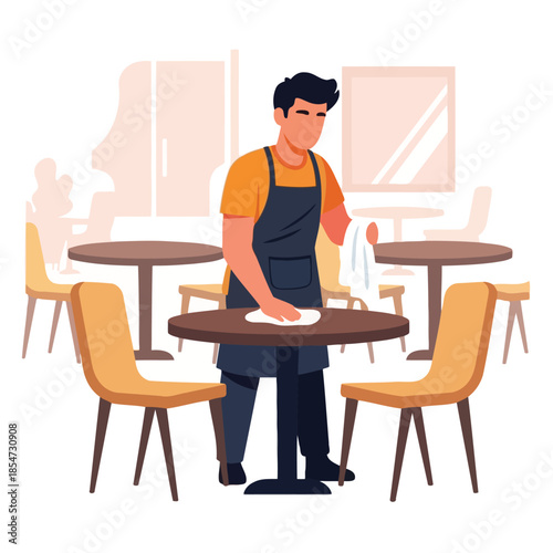 Restaurant worker cleaning tables with cloth in modern cafe setting