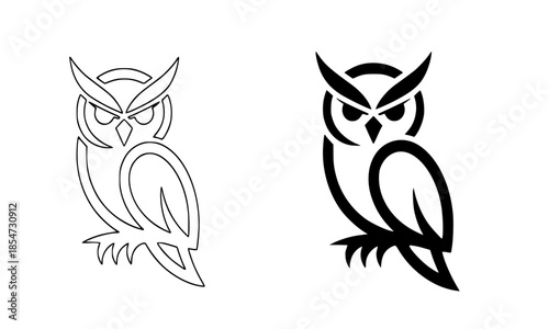 Minimalist owl logo set, line art and bold silhouette owl icons, wisdom and knowledge symbol vector illustration, geometric bird of prey graphic, clean nocturnal animal design isolated on white