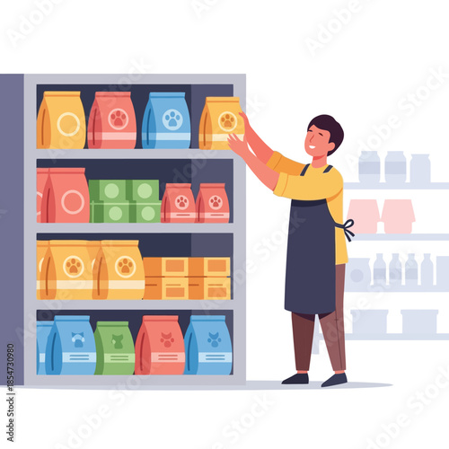 Friendly pet store worker organizing shelves full of colorful pet food bags