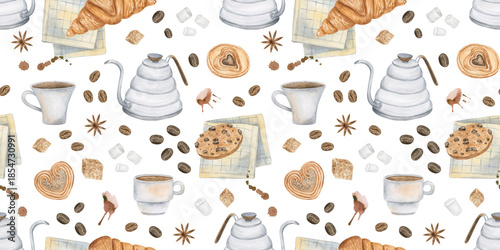 Hand drawn watercolor background with coffee pots, cups and pastry on white. Bakery or cafe menu design template