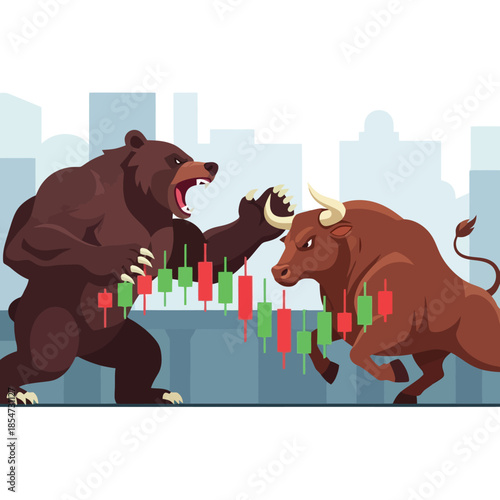 Bull versus bear market battle with financial chart in the background