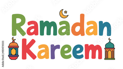 Ramadan Kareem: A vibrant and colorful illustration conveys the spirit of Ramadan Kareem with festive lettering and symbolic elements, radiating warmth and inclusivity.