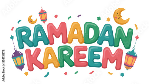 Ramadan Kareem: Celebrate the Islamic holy month with this vibrant and festive illustration. Featuring colorful typography and decorative elements, the image conveys a sense of joy, unity.