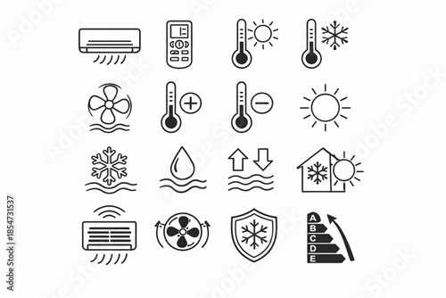 Air conditioner line icon set. HVAC, climate control outline symbols. Vector collection for cooling, heating, ventilation, and weather.