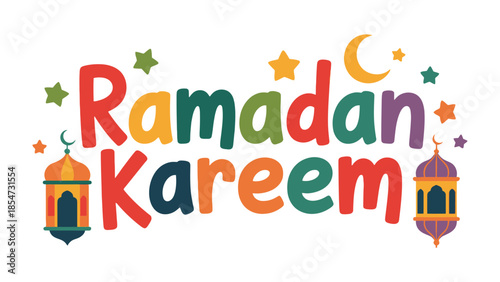 Ramadan Kareem Illustration: Festive and colorful illustration of the greeting Ramadan Kareem, adorned with crescent moons, stars, and lanterns, capturing the spirit of this special month.