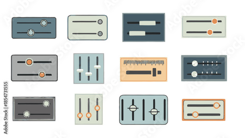 Collection of various audio mixer faders and equalizer controls for sound adjustment.