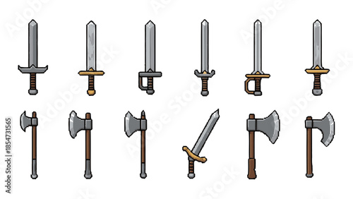 Collection of various cartoonish swords and axes for game assets or fantasy themes.