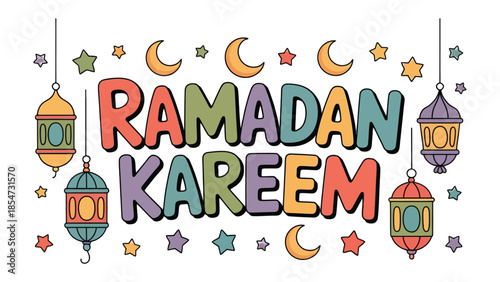 Ramadan Kareem Illustration: Festive and colorful illustration spelling out Ramadan Kareem surrounded by lanterns, stars, and crescent moons, evoking the spirit of the holy month.