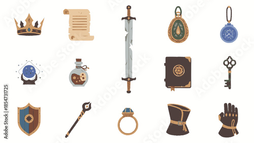 Fantasy RPG game items collection including sword shield crown potion book ring and more.