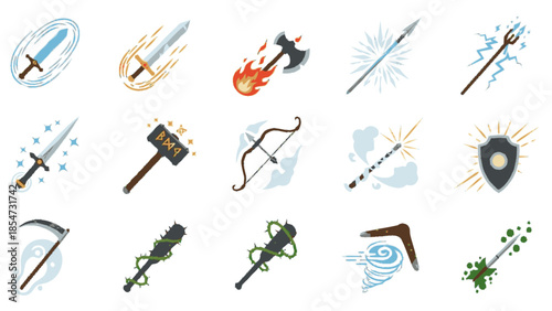 Fantasy RPG Game Weapons and Shields Icon Set for Adventure and Combat.