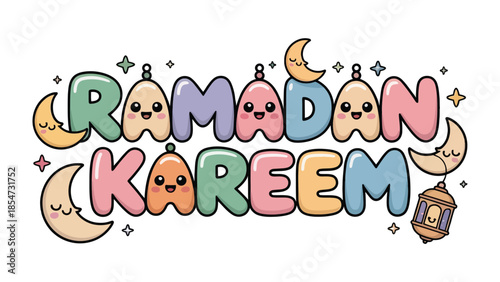 Ramadan Kareem: Celebrate the holy month with this vibrant illustration, featuring charming moon, lantern, and whimsical letter elements, embodying the spirit of blessings, generosity, and peace.