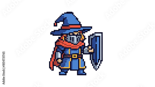 Pixel art character with blue wizard hat and shield.