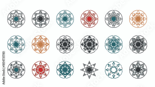 Set of intricate geometric mandalas in various colors and styles.
