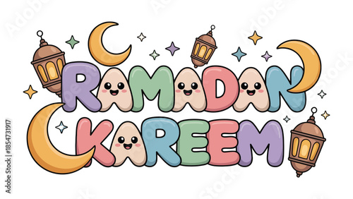 Ramadan Kareem Illustration: A joyful illustration that captures the essence of the holy month, featuring cute, colorful letters, crescent moons, lanterns, and stars.