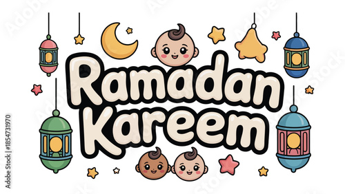 Ramadan Kareem: A festive and welcoming illustration, embodying the spirit of Ramadan with traditional lanterns, crescent moon and adorable babies.