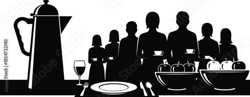 Family breakfast silhouettes, people standing table, coffee pot cups fruit bowls, dining concept, hospitality catering illustration, black vector isolated design