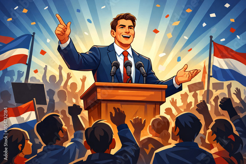 Charismatic leader or politician delivering an inspiring speech to an enthusiastic crowd vector.