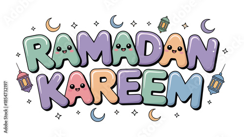 Ramadan Kareem Illustration: Festive and colorful Ramadan Kareem lettering illustration, adorned with charming cartoon elements. perfect for holiday season.