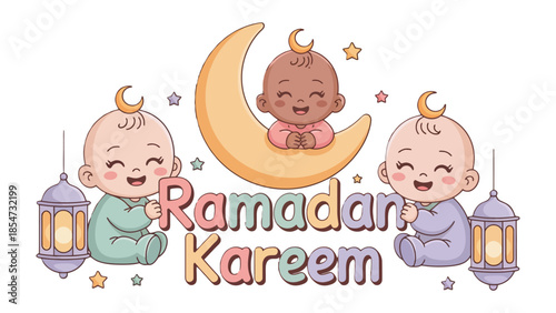 Ramadan Kareem Babies: adorable cartoon babies, each with the crescent moon on the head.  celebrating the joyous occasion of Ramadan with a sweet, colorful illustration. 
